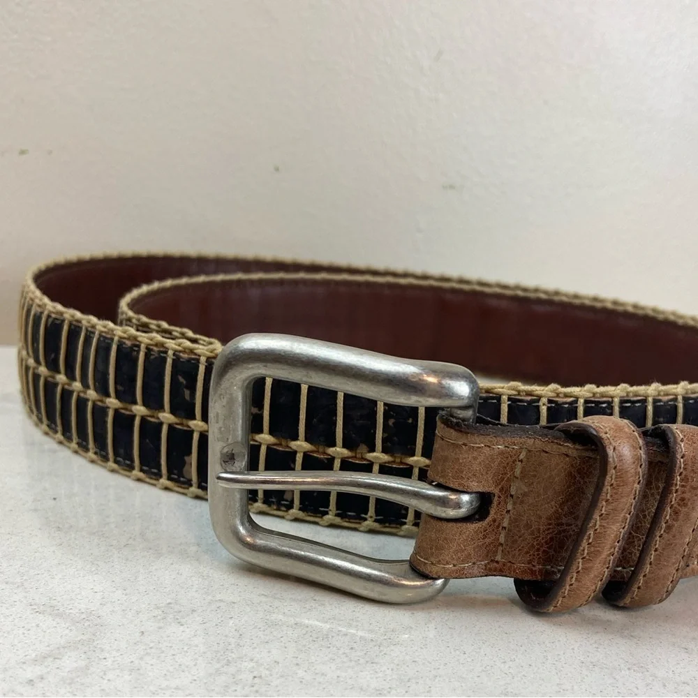 Men’s Vintage Torino Leather Cork Woven Belt Brown & Black Classic Casual Style